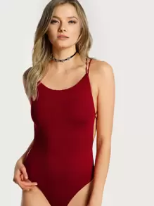 SHEIN Strappy Open-Back Thong Bodysuit - Burgundy - View 3