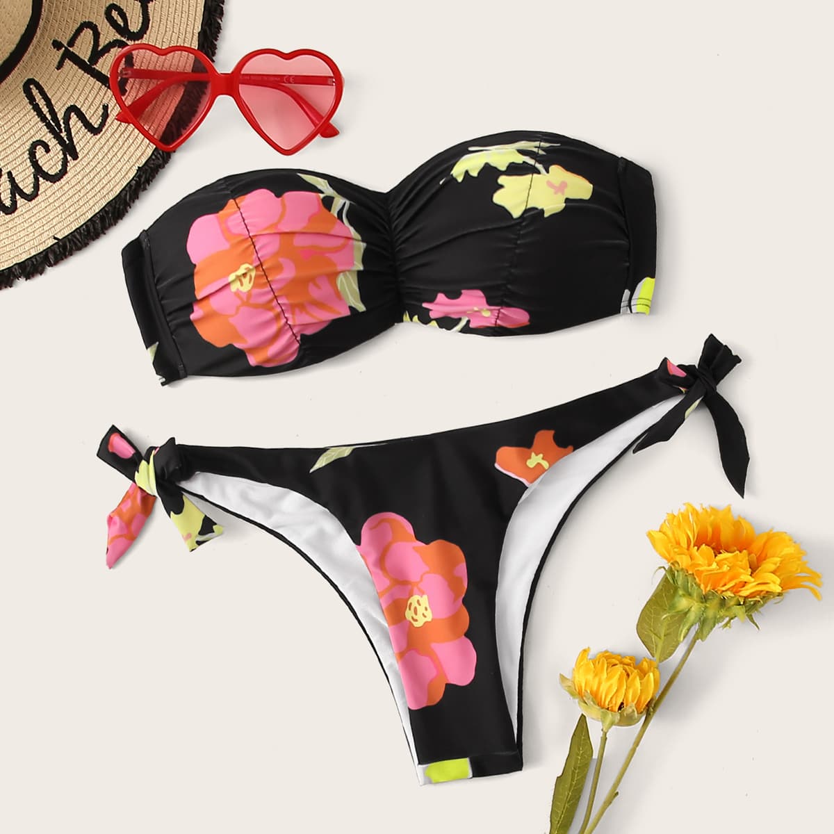 

Floral Bandeau With Tie Side Bikini Set, Multicolor