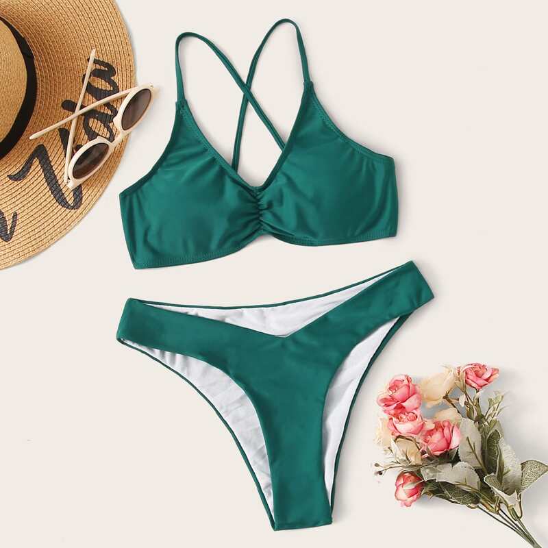 

Criss Cross Top With High Cut Bikini Set, Green