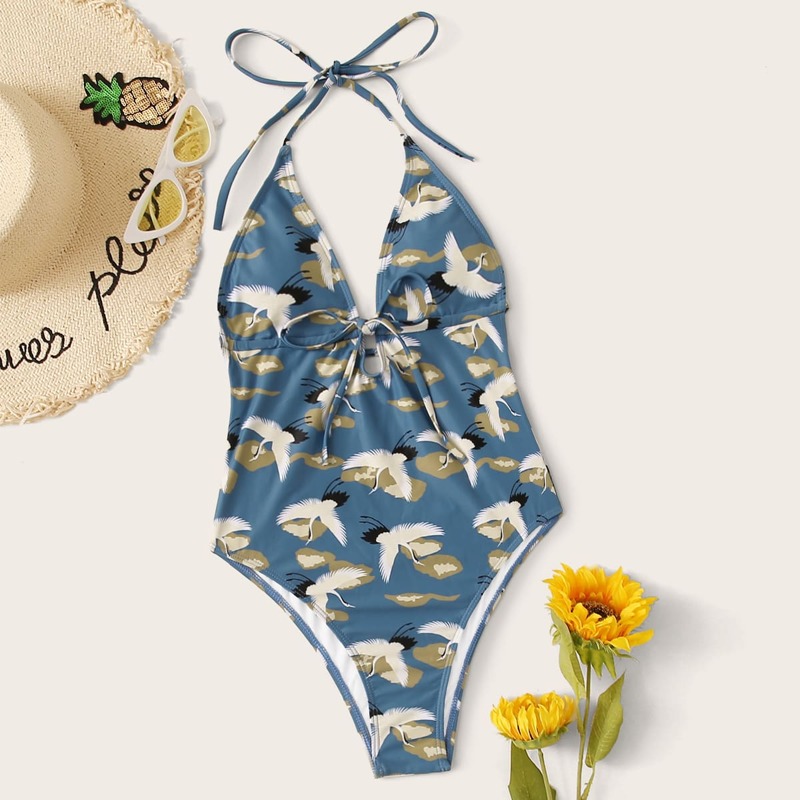 

Crane Print Backless Plunging One Piece Swimsuit, Blue