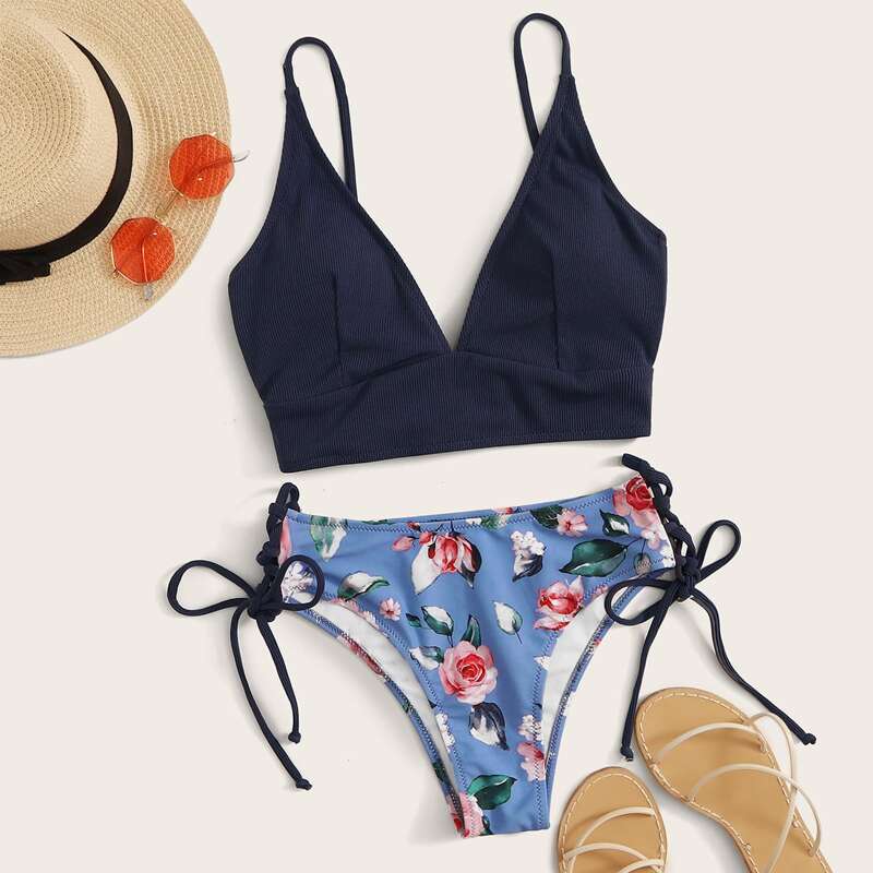 

Lace Up Back Top With Floral Bikini Set, Multicolor