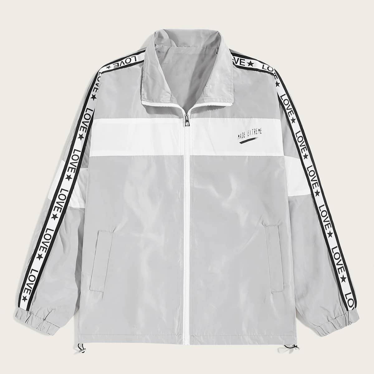 

Guys Letter Tape Panel Zip-up Windbreaker Jacket, Grey