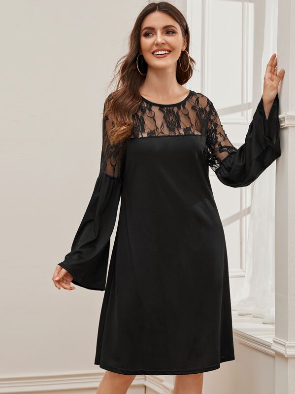 

Contrast Lace Bell Sleeve Tunic Dress, Black, Barbara C