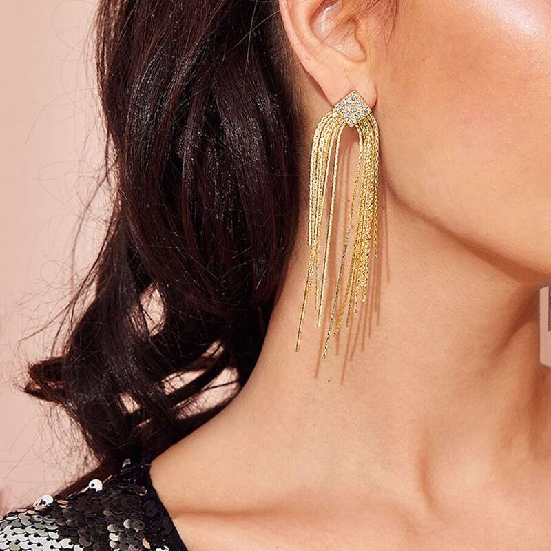 

1pair Rhinestone Engraved Fringe Drop Earrings, Gold