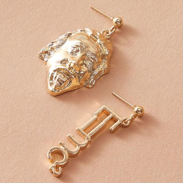 

1pair Figure & Letter Mismatched Drop Earrings, Gold