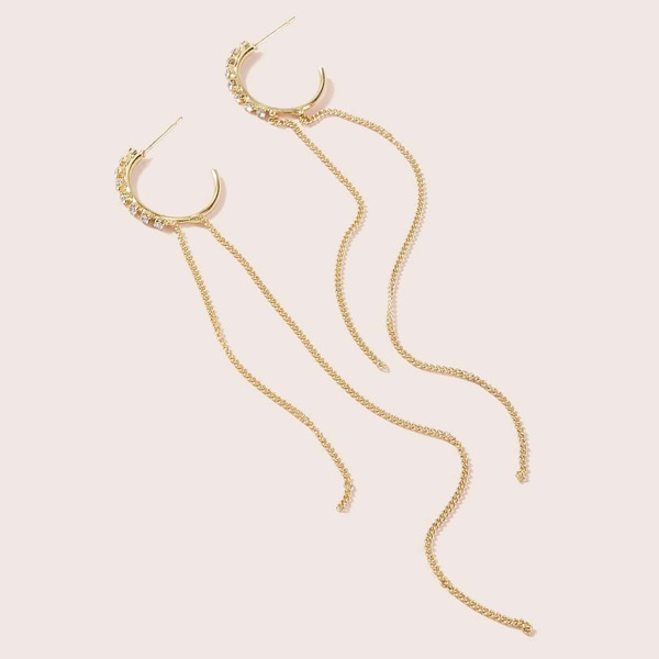 

1pair Cuff Ring Decor Long Chain Drop Earrings, Gold