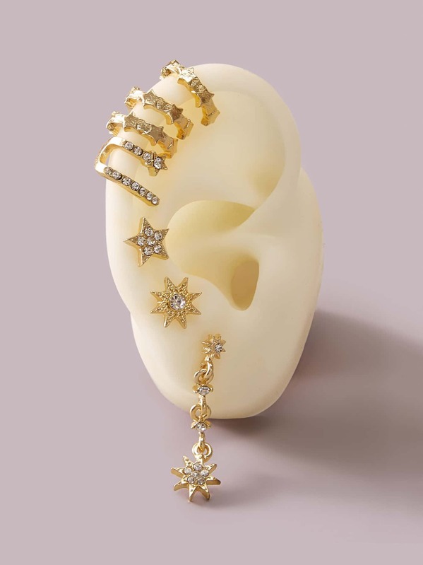 

7pcs Rhinestone Engraved Star Shaped Earrings, Gold