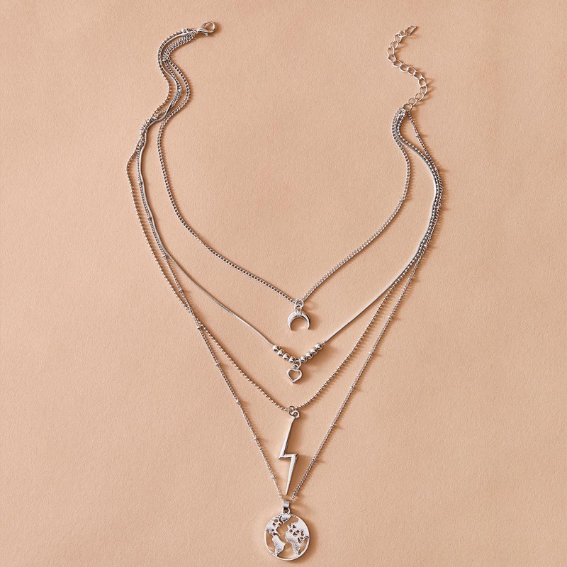 

1pc Moon & Heart Charm Layered Necklace, Silver