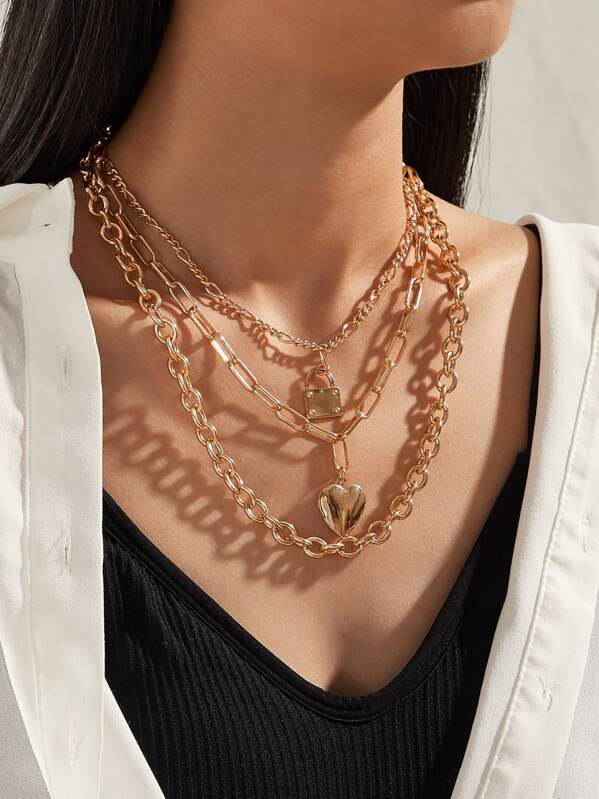 

1pc Lock & Heart Charm Layered Chain Necklace, Gold