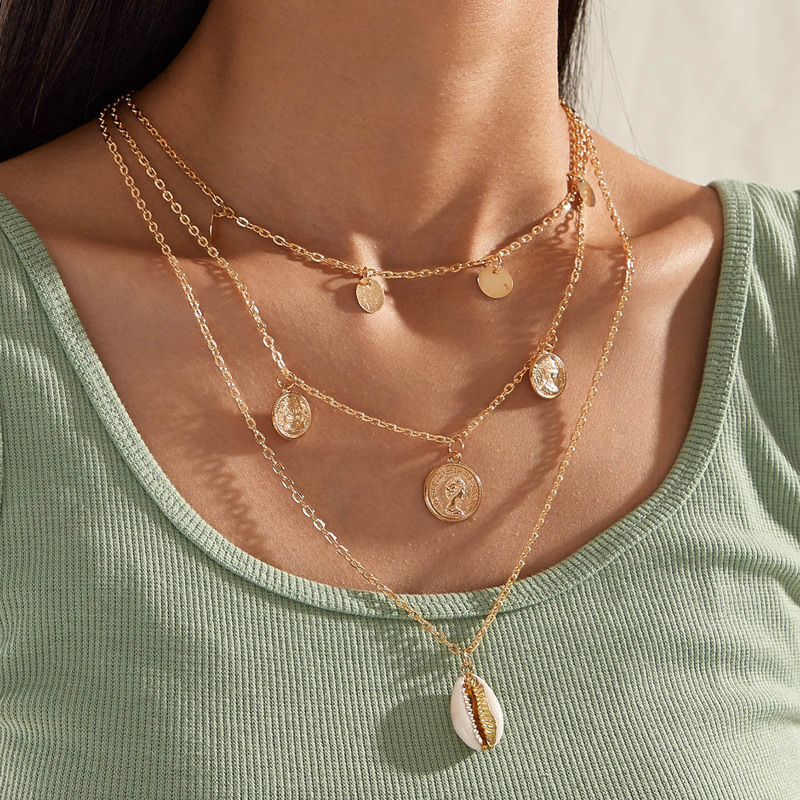 

1pc Coin & Shell Charm Layered Necklace, Gold