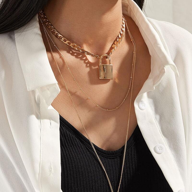 

1pc Lock Charm Layered Chain Necklace, Gold