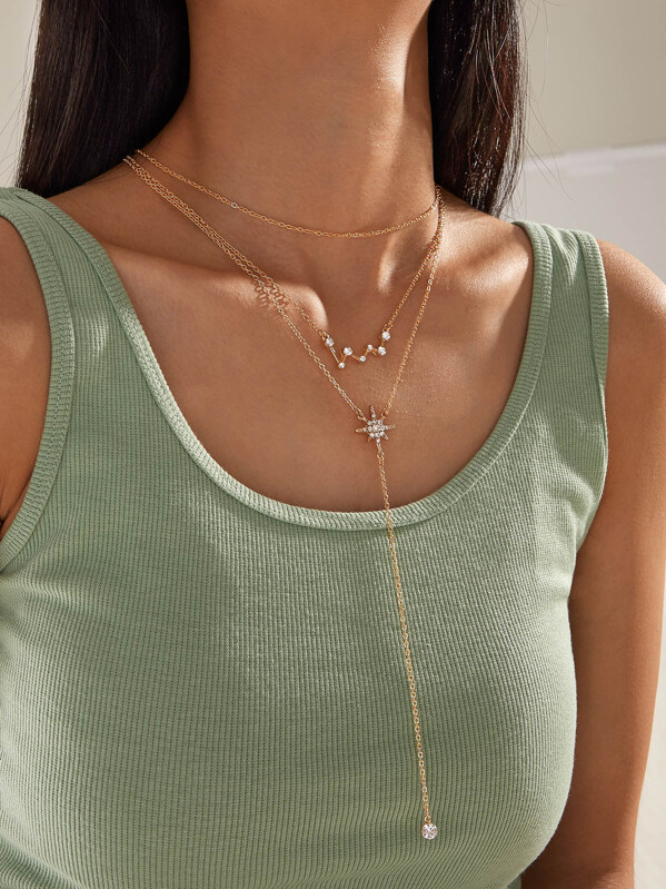 

1pc Rhinestone Engraved Layered Necklace, Gold