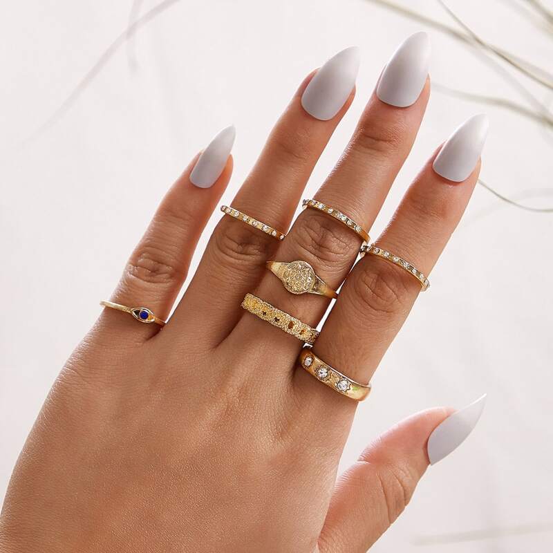 

7pcs Rhinestone Engraved Ring, Gold