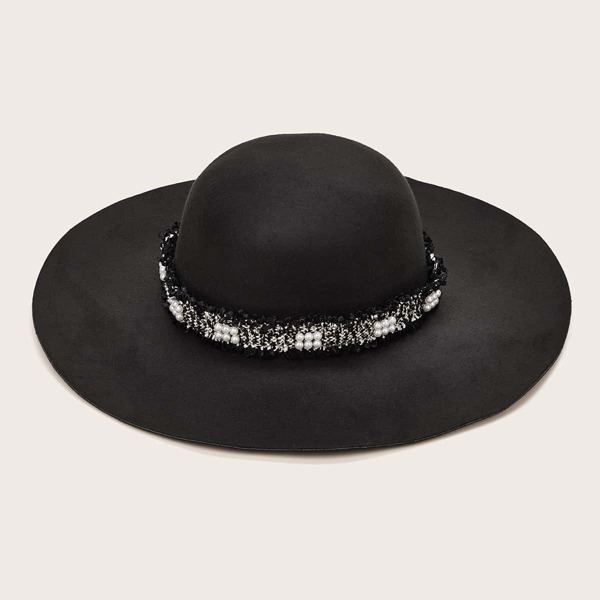 

Faux Pearl Tweed Decor Floppy Hat, Black