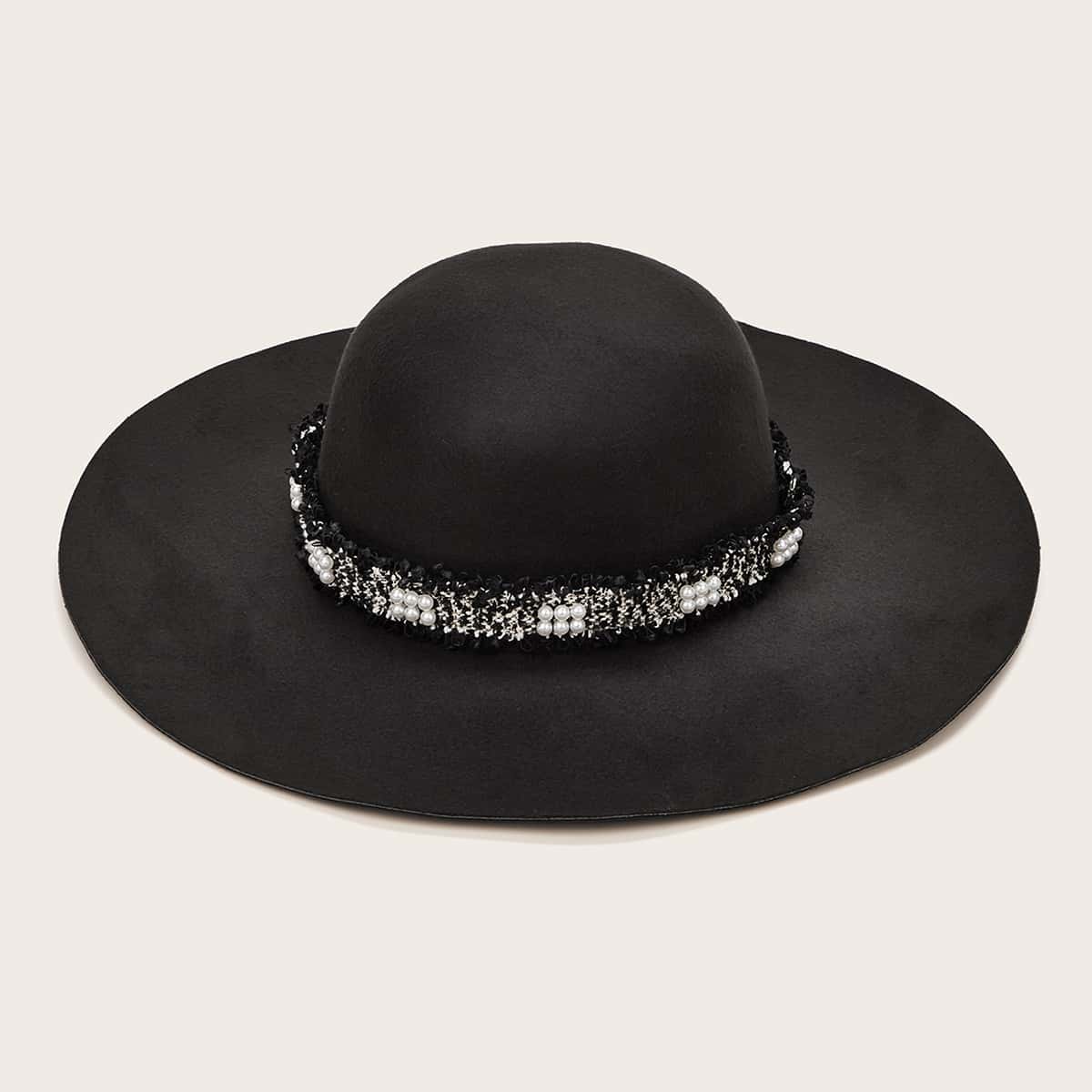 

Faux Pearl Tweed Decor Floppy Hat, Black