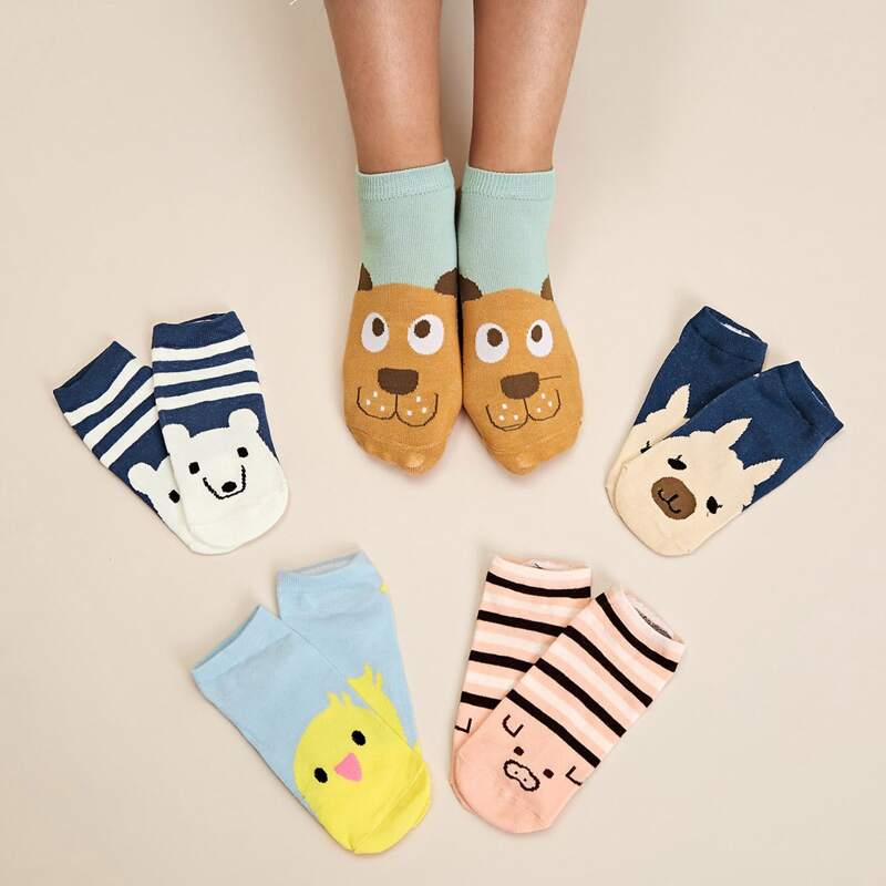 

5pairs Cartoon & Striped Pattern Socks, Multicolor