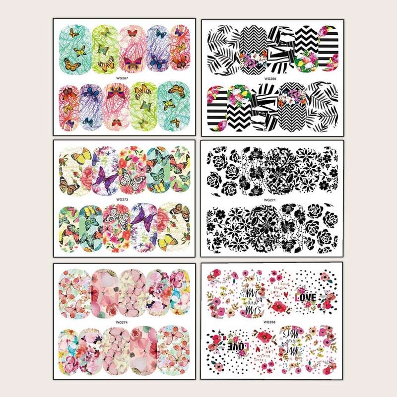 

6sheets Butterfly & Flower Pattern Nail Sticker, Multicolor