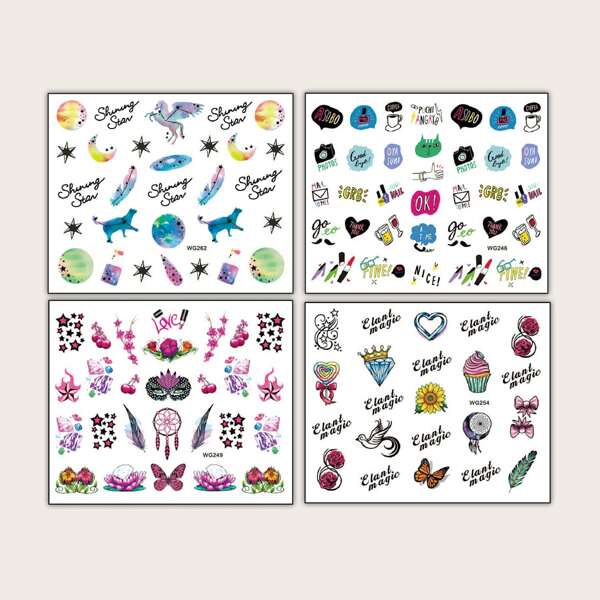 

4sheets Cross & Flower Pattern Nail Sticker, Multicolor