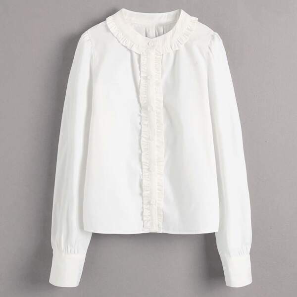 

Solid Frill Trim Button Up Blouse, White