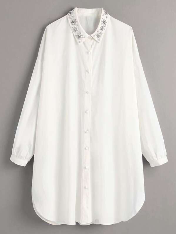 

Covered Button Rhinestone Neck Longline Blouse, White