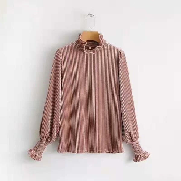 

Ruffle Collar Shirred Corduroy Blouse, Pink