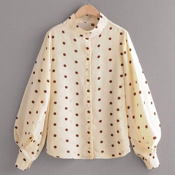 

Bishop Sleeve Polka Dot Print Button Up Blouse, Yellow pastel
