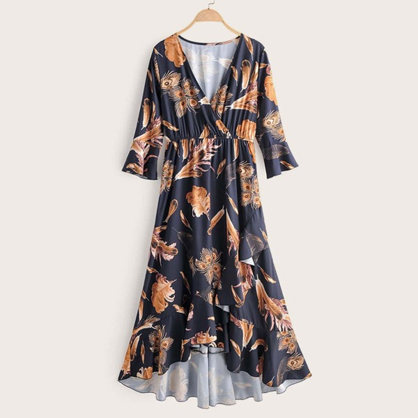 

Surplice Front Feather Print Ruffle Trim Dress, Navy