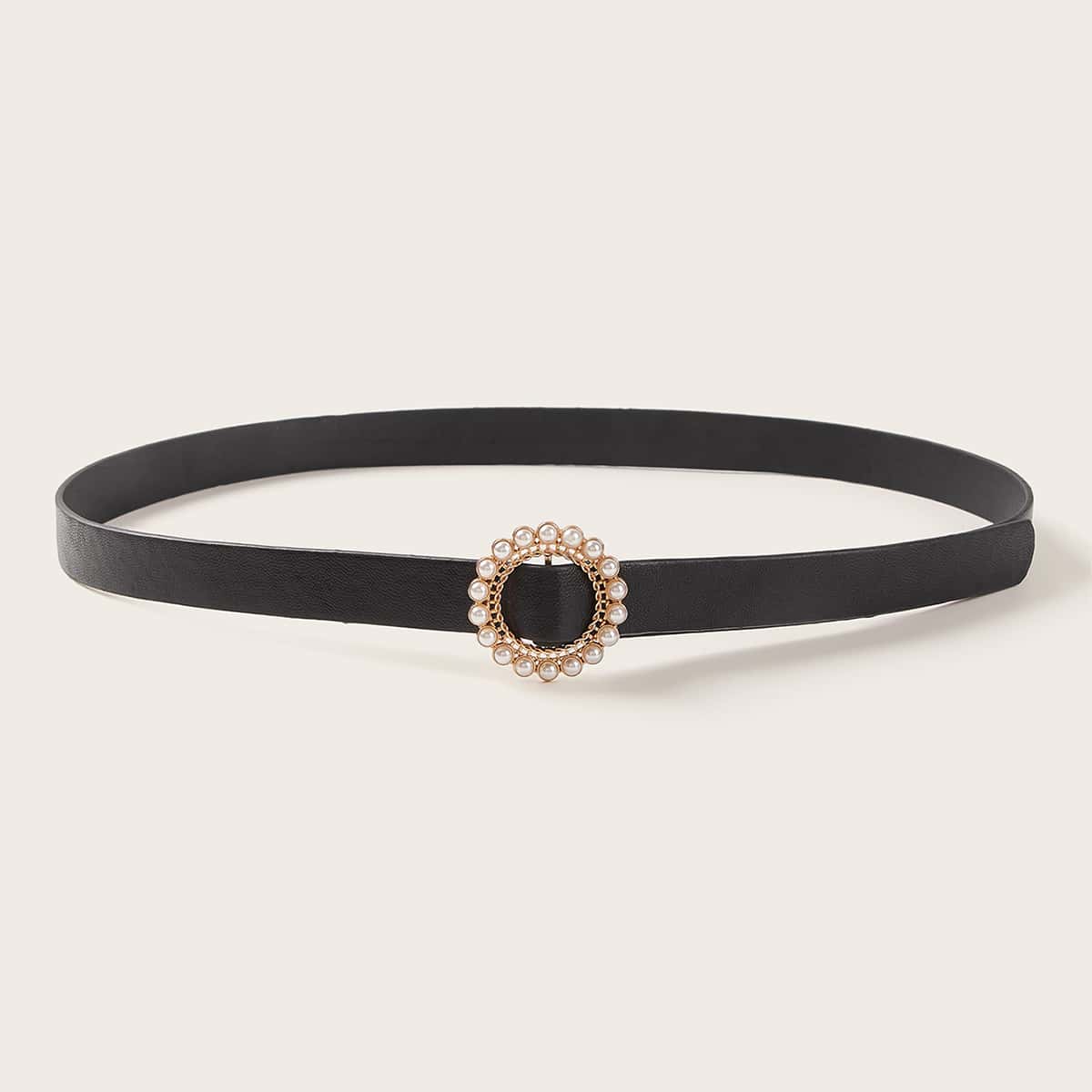 

Faux Pearl Beaded O-ring Buckle Belt, Black