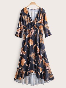 Surplice Front Feather Print Ruffle Trim Dress