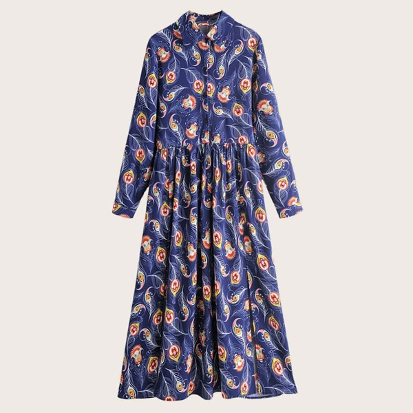 

Feather Print Split Hem Shirt Dress, Navy