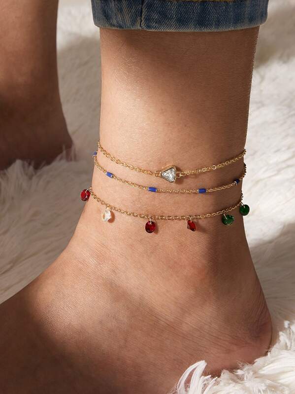 

3pc Gemstone Decor Anklet, Multicolor