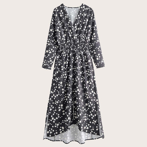 

Surplice Front Ditsy Floral Print High Low A Line Dress, Black and white