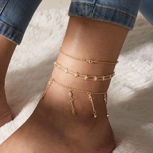 

3pcs Rhinestone Decor Anklet, Gold