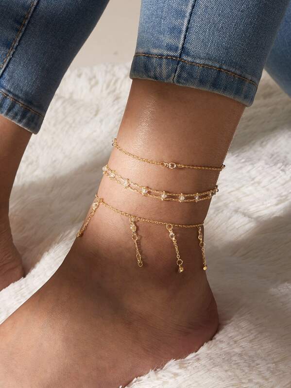 

3pcs Rhinestone Decor Anklet, Gold