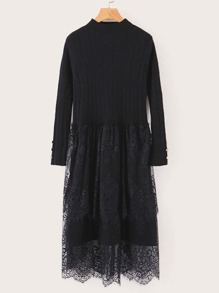 Rib-Knit Contrast Lace Sweater Dress