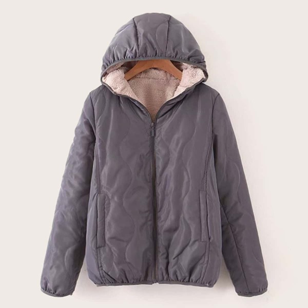 

Zip Up Shearling Lined Hooded Onion Quilted Jacket, Grey