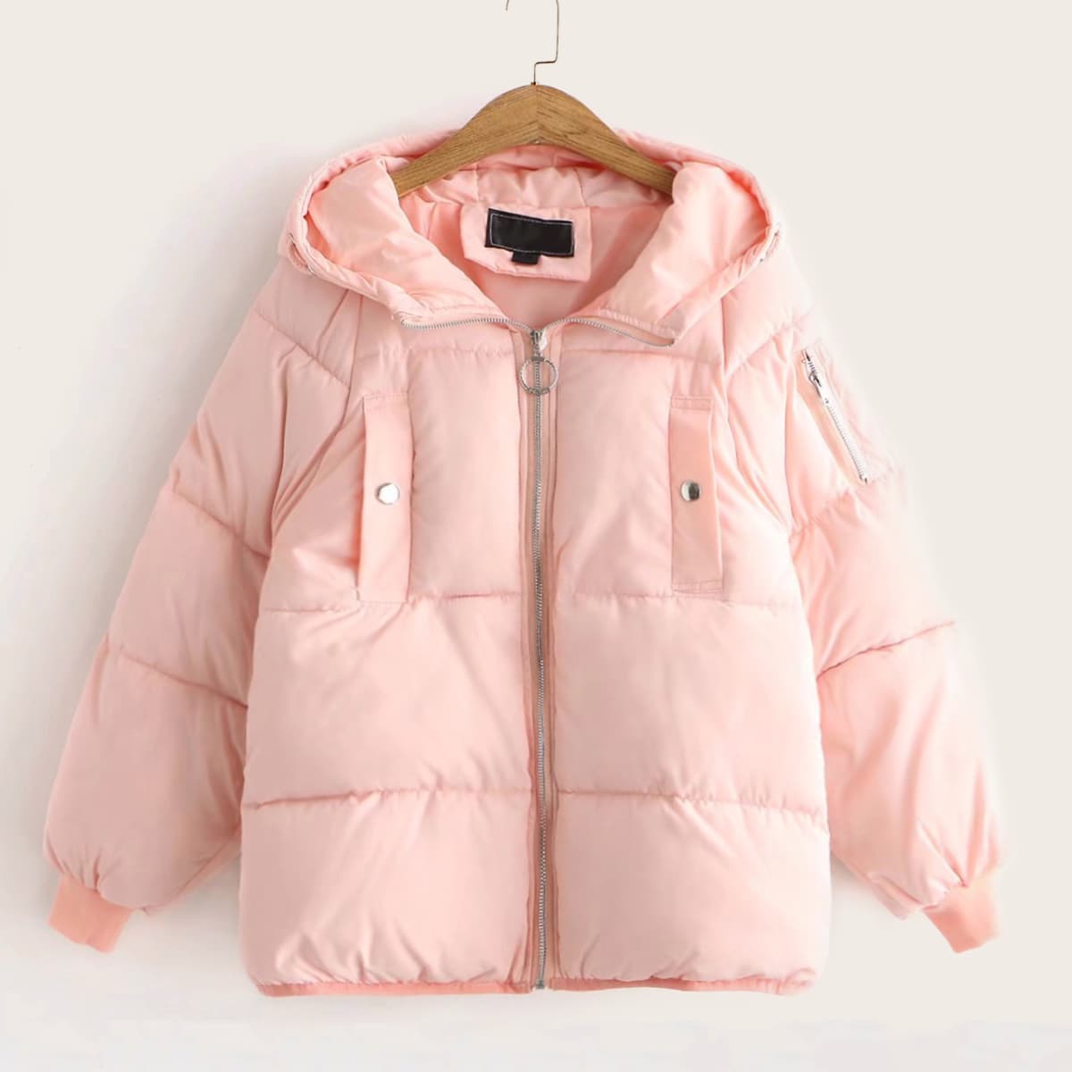 

Zip Up Pocket Side Hooded Puffer Jacket, Pink pastel