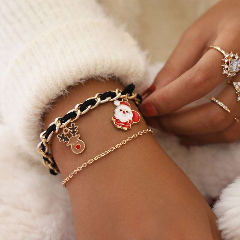 

1pc Christmas New Year Deer Charm Layered Bracelet, Multicolor