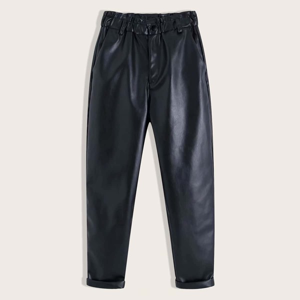 

Roll Hem PU Leather Tailored Pants, Black