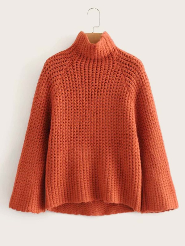 

High Neck Chunky Knit High Low Hem Sweater, Orange