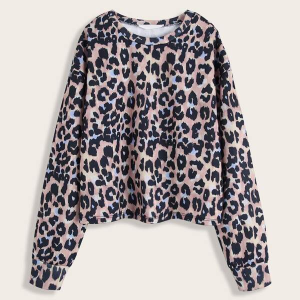 

Drop Shoulder Leopard Print Crop Sweatshirt, Multicolor