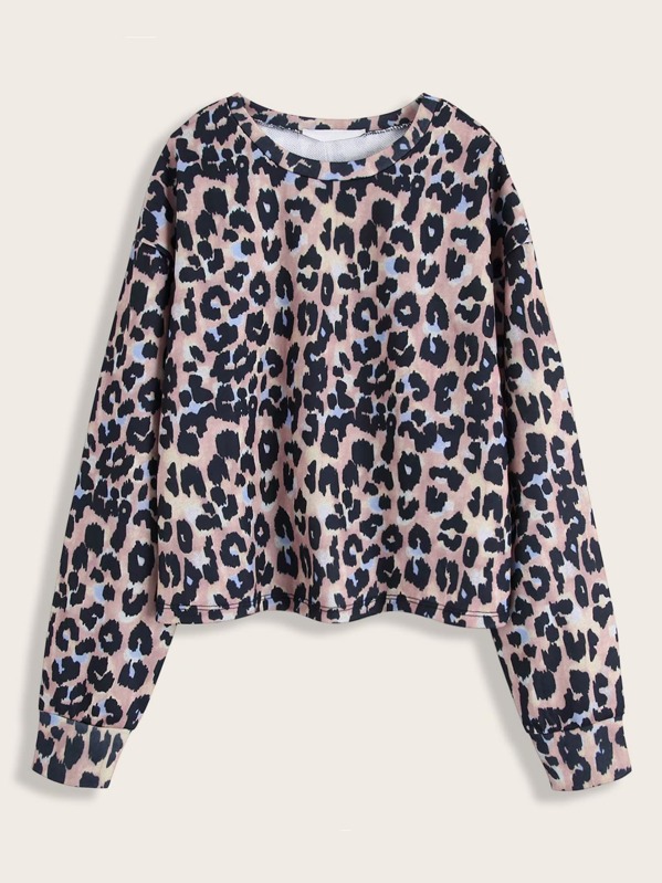 

Drop Shoulder Leopard Print Crop Sweatshirt, Multicolor