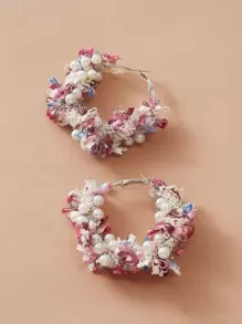 1pair Faux Pearl Decor Cloth Hoop Earrings - Pink - View 2