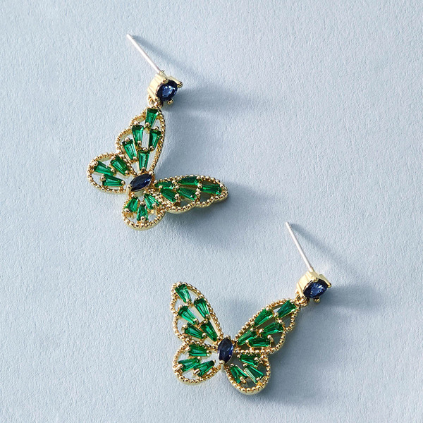 

1pair Gemstone Engraved Butterfly Drop Earrings, Green