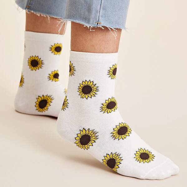 

1pair Sunflower Pattern Socks, White