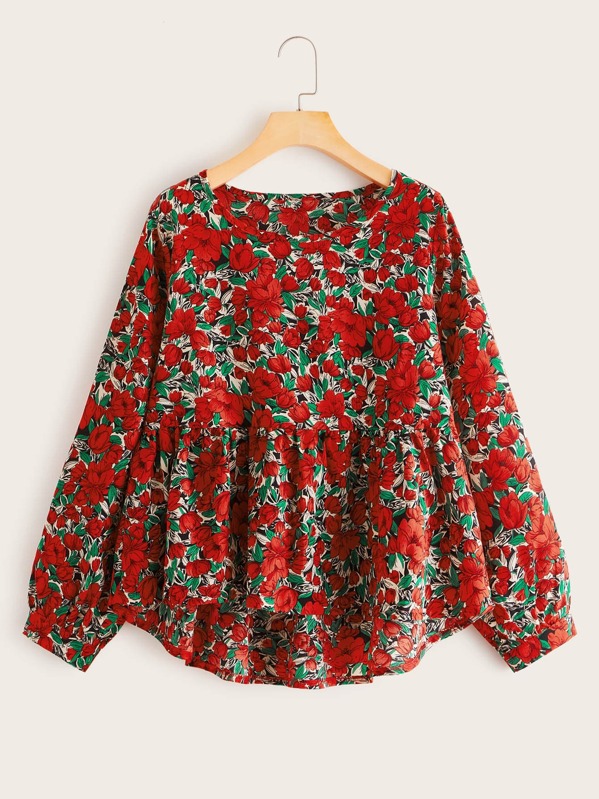 

Floral Print Ruffle Hem Babydoll Blouse, Multicolor