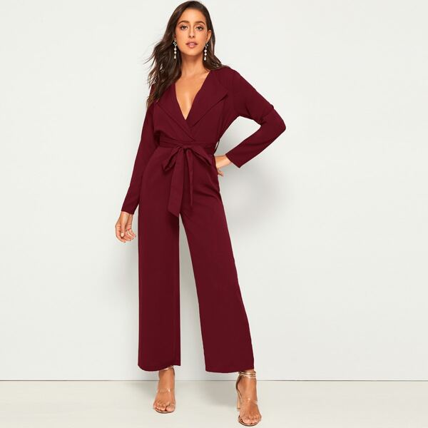 

Surplice Front Waterfall Neck Belted Jumpsuit, Burgundy