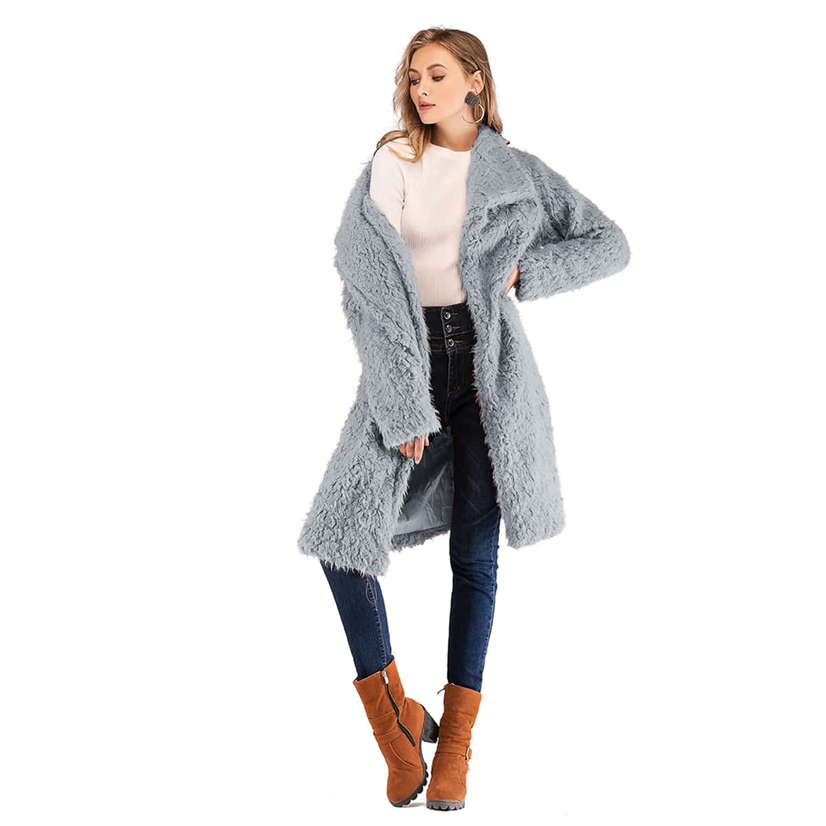 

Open Front Waterfall Collar Teddy Coat, Grey