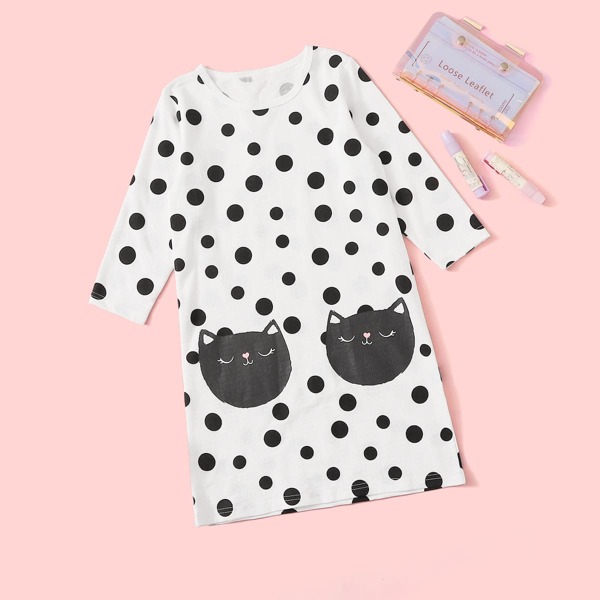 

Toddler Girls Polka Dot & Cartoon Cat Print Night Dress, Black and white