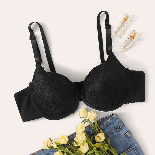 

Floral Lace Underwire Bra, Black